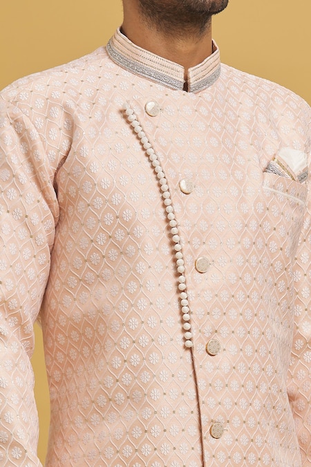 Shop_Arihant Rai Sinha_Peach Silk Embroidery Floral Jaal Pattern Sherwani With Dhoti Pant _Online_at_Aza_Fashions