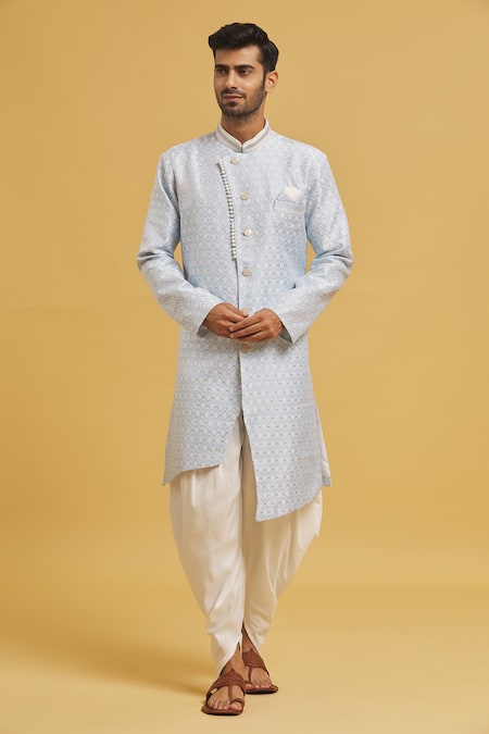 Aryavir Malhotra Sky Blue Sherwani Banarasi Zari Jacquard Woven Floral Pattern With Dhoti Pant 