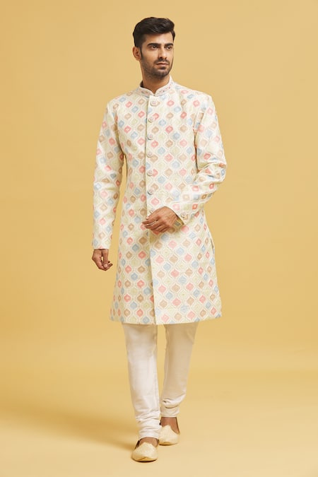 Aryavir Malhotra Multi Color Sherwani Jaquard Chikankari Lucknawi Jaal Thread With Churidar