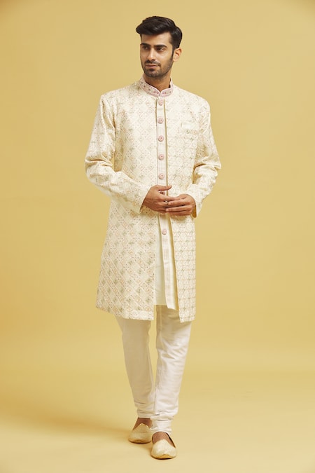 Aryavir Malhotra Jaal Embroidered Overlap Panel Sherwani With Churidar 