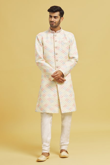 Aryavir Malhotra Multi Color Sherwani Jaquard Chikankari Lucknawi Floral With Churidar 