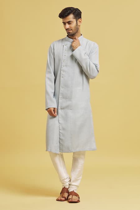 Arihant Rai Sinha Blue Linen, Silk Mandarin Collar Kurta Set 