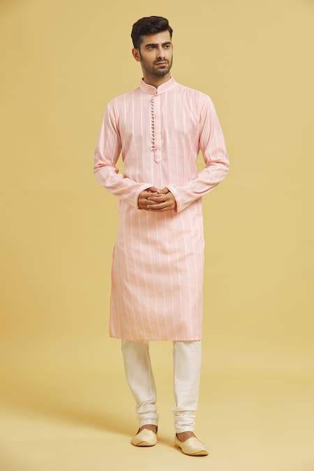 Arihant Rai Sinha Pink Kurta Soft Cotton Embroidery Stripe Linear Pattern Set