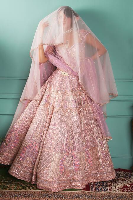 Jigar & Nikita_Purple Velvet, Net Pearls, Zari Sweetheart Neck Embellished Bridal Lehenga Set_Online_at_Aza_Fashions