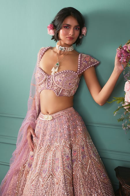Shop_Jigar & Nikita_Purple Velvet, Net Pearls, Zari Sweetheart Neck Embellished Bridal Lehenga Set_Online_at_Aza_Fashions