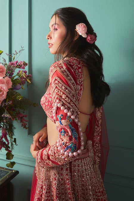 Jigar & Nikita_Red Silk, Net Zari, Beads, Zardosi And Cutdana Embellished Bridal Lehenga Set_Online_at_Aza_Fashions