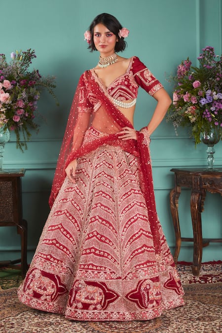 Bride Red Heavy Designer Lehenga Set With Embroidered Blouse – Zari Banaras