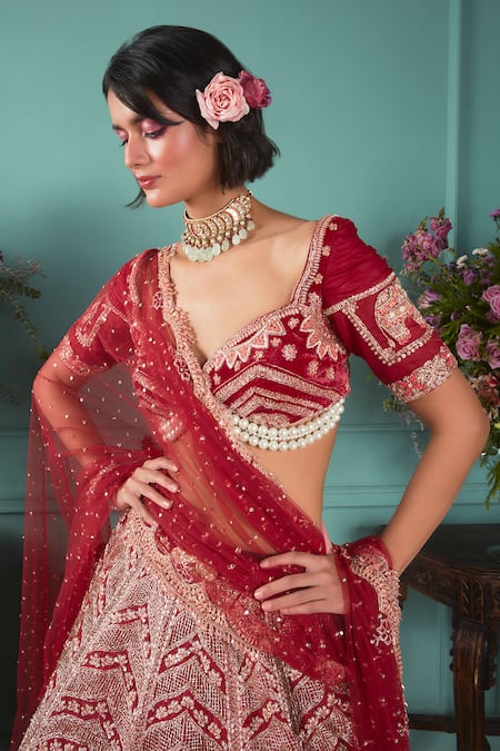Jigar & Nikita_Red Silk, Net Pearls, Zari Sweetheart Zardosi Embroidered Bridal Lehenga Set_Online_at_Aza_Fashions