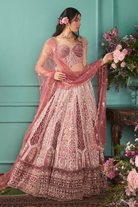 Jigar & Nikita_Pink Net, Velvet Pearls, Zari Zardosi Hand Embroidered Bridal Lehenga Set_Online_at_Aza_Fashions