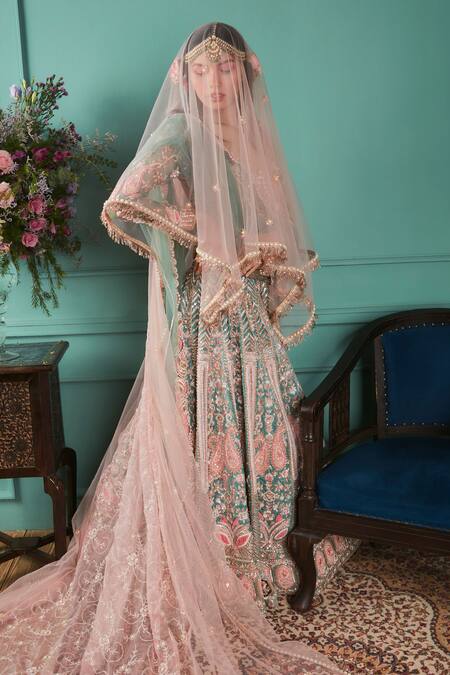 Shop_Jigar & Nikita_Green Net, Silk, Velvet Zari, Sequins, French Floral Motif Bridal Lehenga Set_at_Aza_Fashions