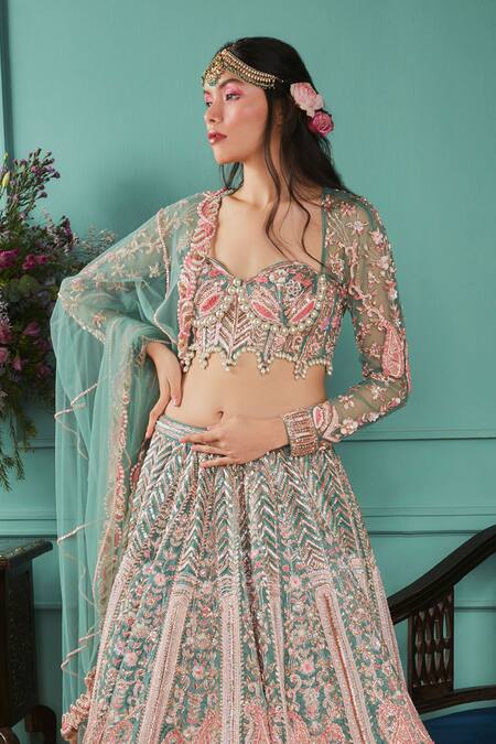 Jigar & Nikita_Green Net, Silk, Velvet Zari, Sequins, French Floral Motif Bridal Lehenga Set_Online_at_Aza_Fashions