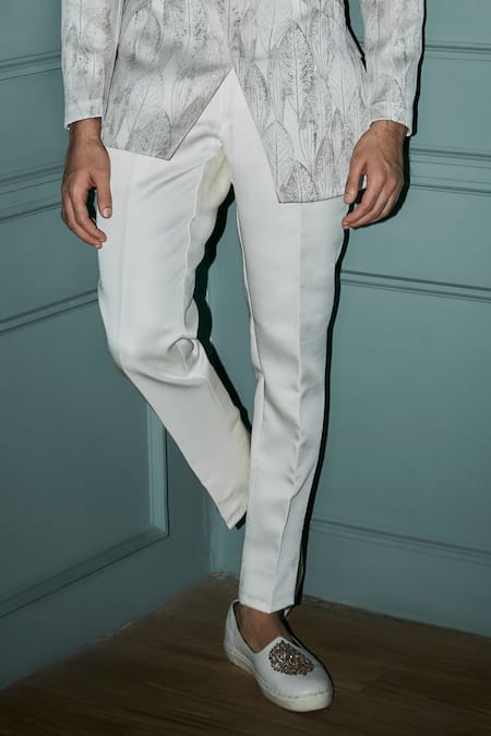 Jigar & Nikita White Jersey, Rayon Embroidery Leaf Textured Jacket And Pant Set Online at Aza Fashions Jigar & Nikita_White Jersey, Rayon Embroidery Leaf Textured Jacket And Pant Set_Online_at_Aza_Fashions