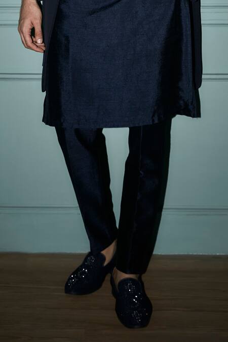 Jigar & Nikita_Blue Silk Embroidery Lapel Jacket And Kurta Set_Online_at_Aza_Fashions