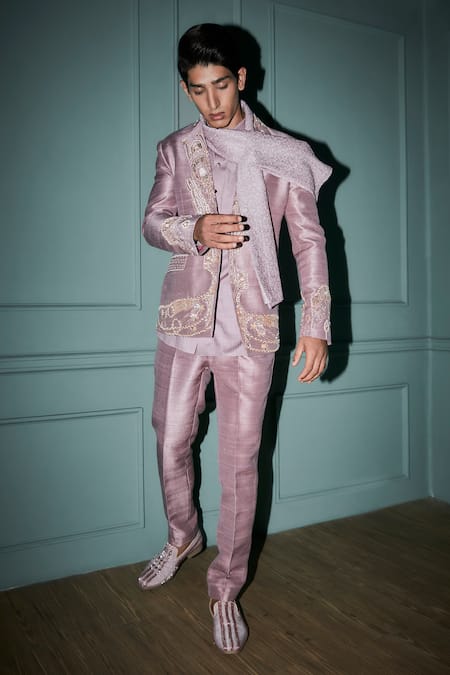 Shop Jigar & Nikita Purple Silk Embroidery, Zari Aura Jacket Trouser Set at Aza Fashions Shop_Jigar & Nikita_Purple Silk Embroidery, Zari Aura Jacket Trouser Set _at_Aza_Fashions