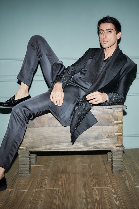 Jigar & Nikita_Black Jersey, Linen, Satin Cut Work, Embroidery Noir Jacket Trouser Set_Online_at_Aza_Fashions