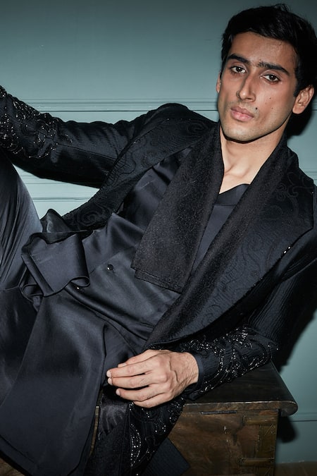 Buy_Jigar & Nikita_Black Jersey, Linen, Satin Cut Work, Embroidery Noir Jacket Trouser Set_Online_at_Aza_Fashions