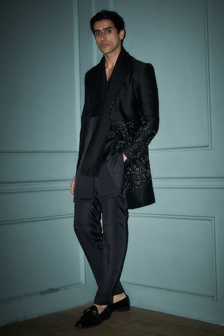 Shop_Jigar & Nikita_Black Jersey, Linen, Satin Cut Work, Embroidery Noir Jacket Trouser Set_Online_at_Aza_Fashions