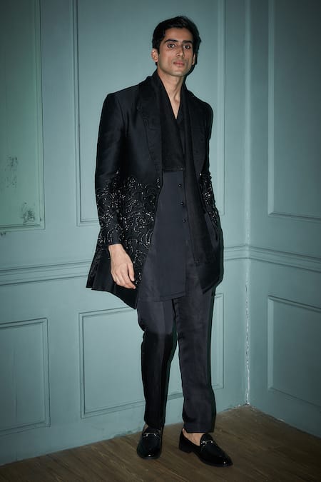 Jigar & Nikita_Black Jersey, Linen, Satin Cut Work, Embroidery Noir Jacket Trouser Set_at_Aza_Fashions