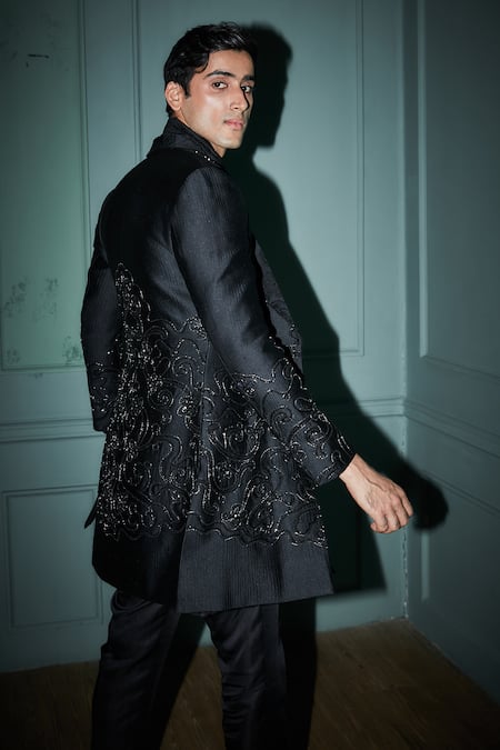 Shop_Jigar & Nikita_Black Jersey, Linen, Satin Cut Work, Embroidery Noir Jacket Trouser Set