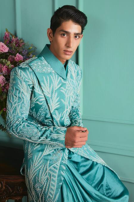 Jigar & Nikita_Blue Silk, Linen, Satin Beads, Embroidery Cameo Hand Sherwani Set_Online_at_Aza_Fashions