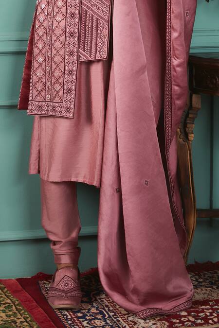 Jigar & Nikita_Pink Silk, Chanderi, Linen, Satin Sequins, Deco Rose Hand Sherwani Set_Online_at_Aza_Fashions