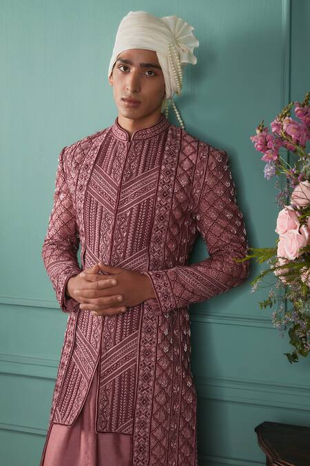 Buy_Jigar & Nikita_Pink Silk, Chanderi, Linen, Satin Sequins, Deco Rose Hand Sherwani Set_Online_at_Aza_Fashions