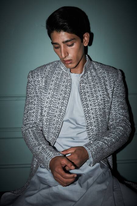 Shop_Jigar & Nikita_Grey Silk, Linen, Lycra, Organza Beads, Lucknowi Hand Embroidered Sherwani Set_Online_at_Aza_Fashions