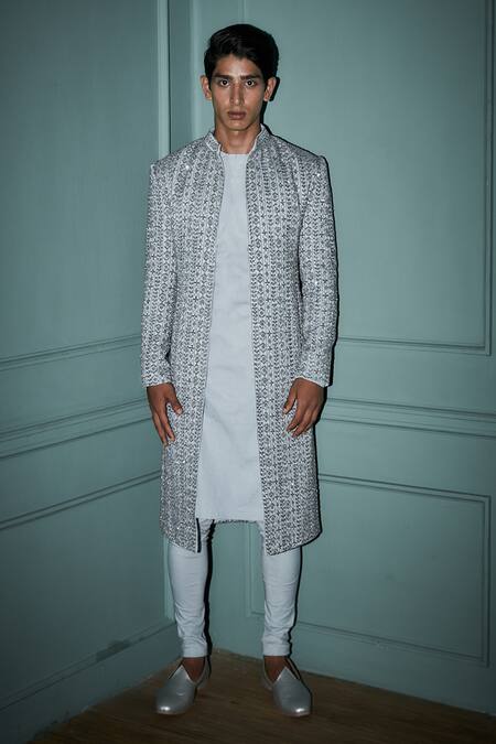 Buy_Jigar & Nikita_Grey Silk, Linen, Lycra, Organza Beads, Lucknowi Hand Embroidered Sherwani Set
