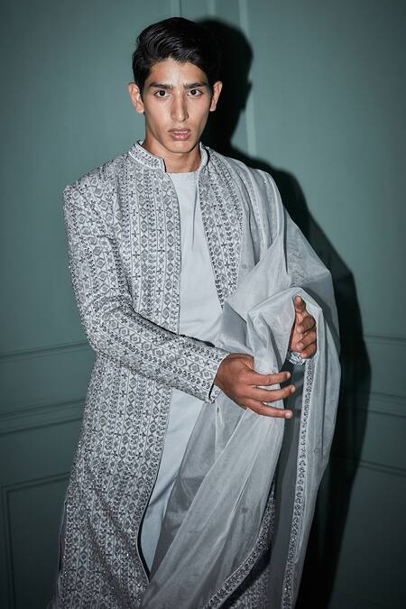 Shop_Jigar & Nikita_Grey Silk, Linen, Lycra, Organza Beads, Lucknowi Hand Embroidered Sherwani Set