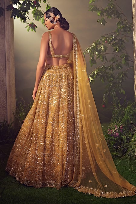 Shop_Aneesh Agarwaal_Gold Net Sequins, Beads Plunge Metallic Hand Embroidered Bridal Lehenga Set _at_Aza_Fashions
