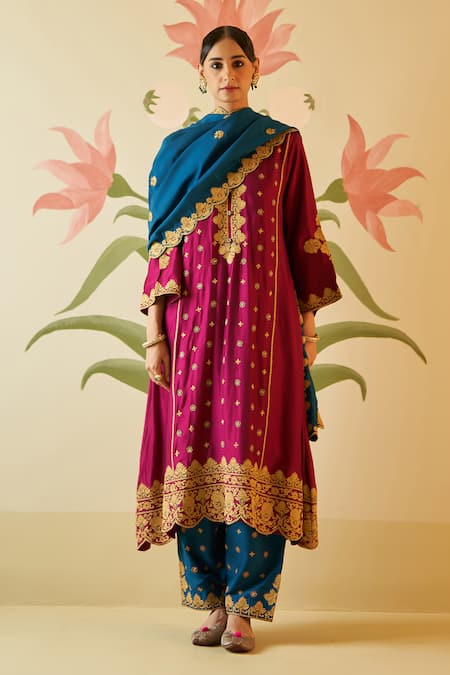 Angad Singh Wine Silk Embroidered Zari Florals V Neck Choga Pant Set