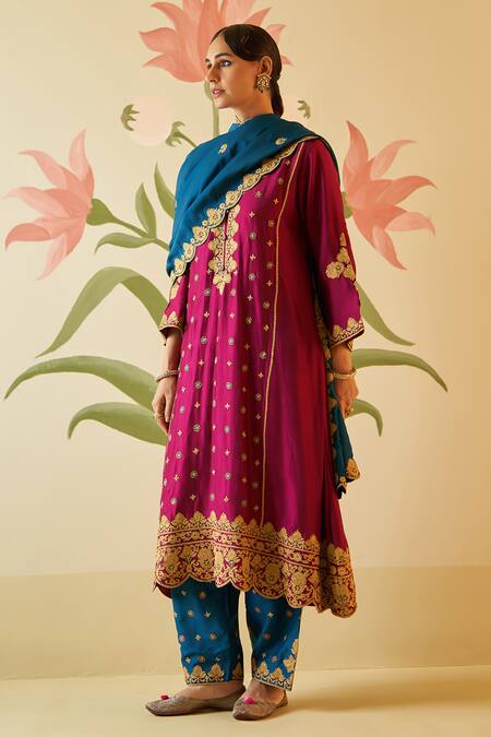 Angad Singh Wine Silk, Crepe Embroidery V-neck Zari Choga Pant Set Online at Aza Fashions Angad Singh_Wine Silk, Crepe Embroidery V-neck Zari Choga Pant Set _Online_at_Aza_Fashions