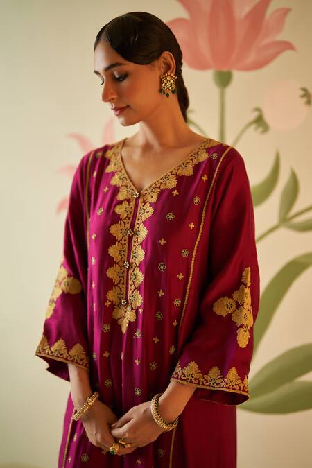 Angad Singh Wine Silk, Crepe Embroidery V-neck Zari Choga Pant Set at Aza Fashions Angad Singh_Wine Silk, Crepe Embroidery V-neck Zari Choga Pant Set _at_Aza_Fashions