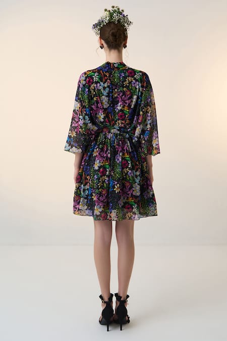 Shop_Dania Siddiqui_Black Chiffon V-neck Miki Floral Print Dress _at_Aza_Fashions