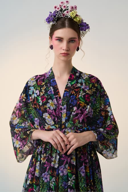 Dania Siddiqui_Black Chiffon V-neck Miki Floral Print Dress _Online_at_Aza_Fashions