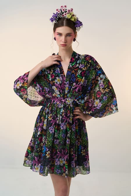 Buy_Dania Siddiqui_Black Chiffon V-neck Miki Floral Print Dress _Online_at_Aza_Fashions