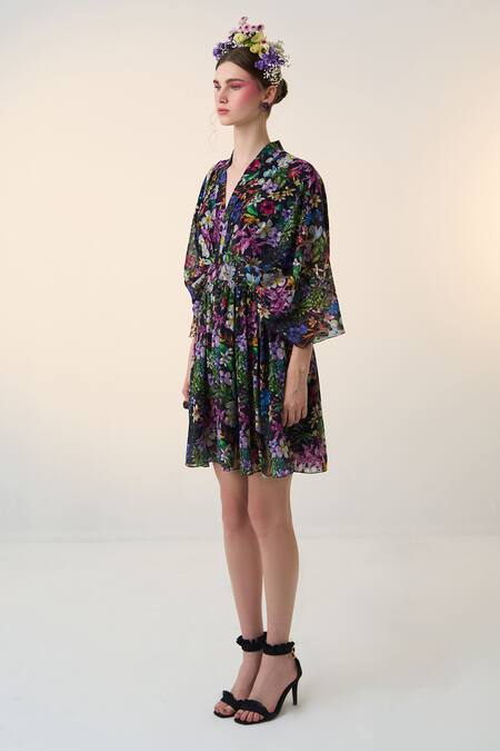 Shop_Dania Siddiqui_Black Chiffon V-neck Miki Floral Print Dress _Online_at_Aza_Fashions