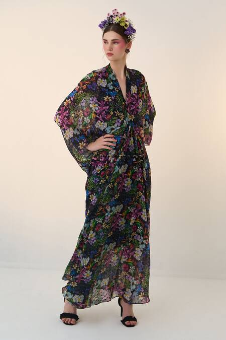 Dania Siddiqui Black Chiffon V-neck Floral Print Kimono Sleeve Kaftan Online at Aza Fashions Dania Siddiqui_Black Chiffon V-neck Floral Print Kimono Sleeve Kaftan _Online_at_Aza_Fashions