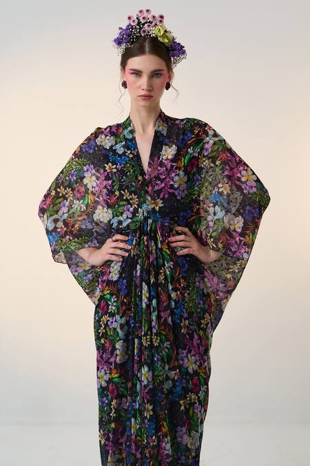 Buy Dania Siddiqui Black Chiffon V-neck Floral Print Kimono Sleeve Kaftan Online at Aza Fashions Buy_Dania Siddiqui_Black Chiffon V-neck Floral Print Kimono Sleeve Kaftan _Online_at_Aza_Fashions