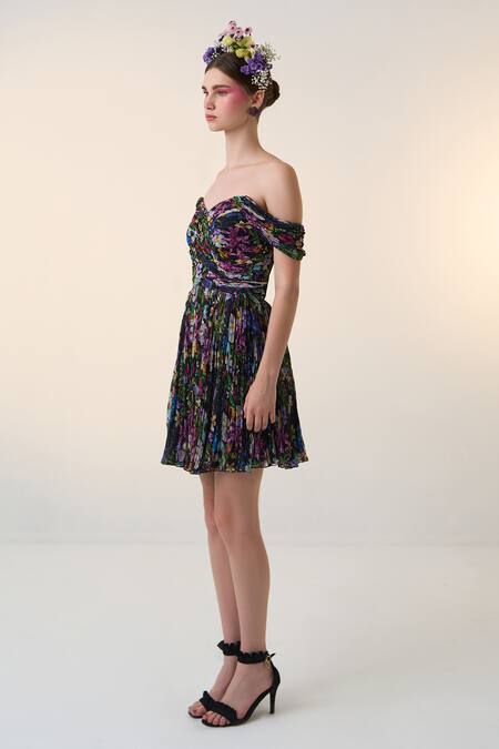 Buy_Dania Siddiqui_Black Chiffon Sweetheart Neck Floral Print Off Shoulder Dress _Online_at_Aza_Fashions