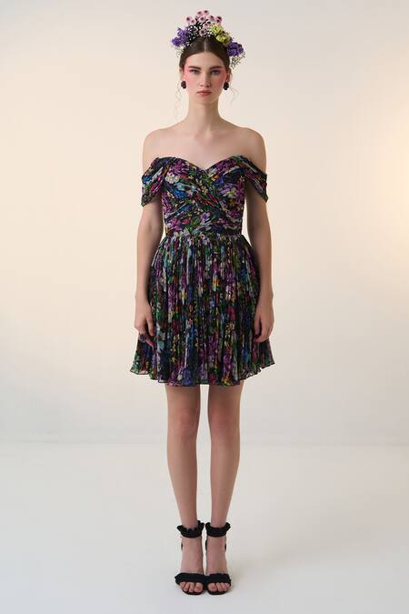 Shop_Dania Siddiqui_Black Chiffon Sweetheart Neck Floral Print Off Shoulder Dress _Online_at_Aza_Fashions