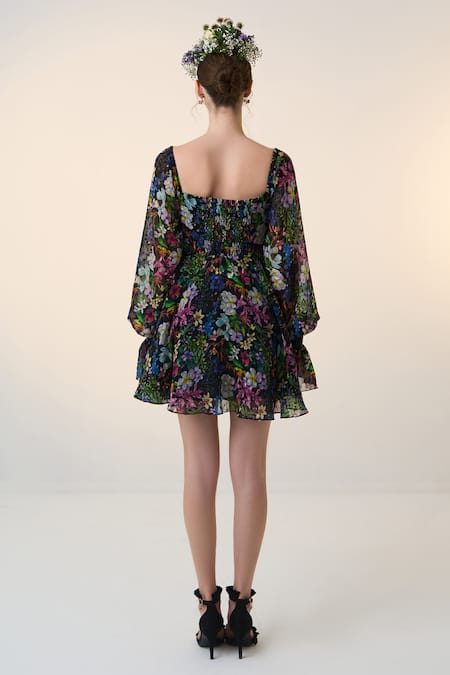 Shop Dania Siddiqui Black Chiffon Square Neck Ren Floral Bloom Print Dress at Aza Fashions Shop_Dania Siddiqui_Black Chiffon Square Neck Ren Floral Bloom Print Dress _at_Aza_Fashions