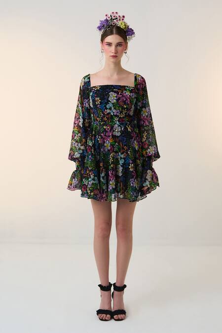 Buy Dania Siddiqui Black Chiffon Square Neck Ren Floral Bloom Print Dress Online at Aza Fashions Buy_Dania Siddiqui_Black Chiffon Square Neck Ren Floral Bloom Print Dress _Online_at_Aza_Fashions
