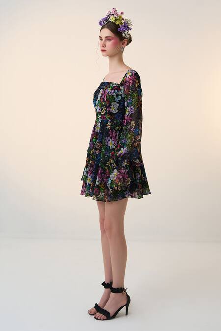 Shop Dania Siddiqui Black Chiffon Square Neck Ren Floral Bloom Print Dress Online at Aza Fashions Shop_Dania Siddiqui_Black Chiffon Square Neck Ren Floral Bloom Print Dress _Online_at_Aza_Fashions