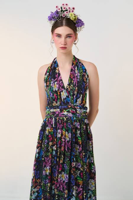 Dania Siddiqui_Black Chiffon Embroidery Halter Neck Yoshi Floral Bloom Print Dress _Online_at_Aza_Fashions