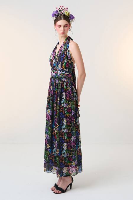 Buy_Dania Siddiqui_Black Chiffon Embroidery Halter Neck Yoshi Floral Bloom Print Dress _Online_at_Aza_Fashions
