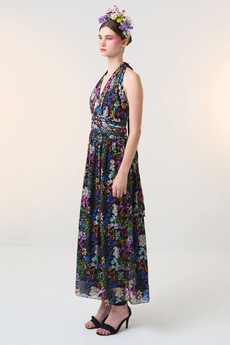 Shop_Dania Siddiqui_Black Chiffon Embroidery Halter Neck Yoshi Floral Bloom Print Dress _Online_at_Aza_Fashions