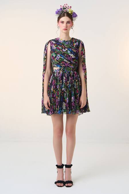 Dania Siddiqui_Black Chiffon Round Neck Cho Floral Print Cape Dress _Online_at_Aza_Fashions