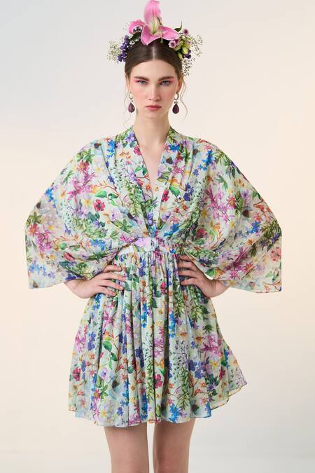 Dania Siddiqui_Green Chiffon V-neck Hana Floral Print Dress _Online_at_Aza_Fashions