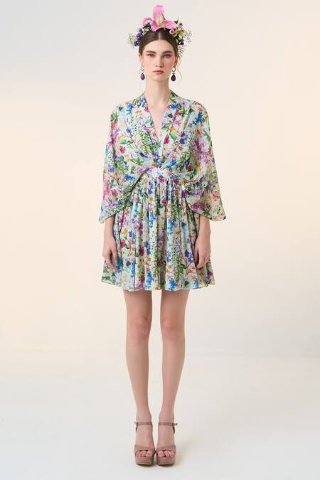 Buy_Dania Siddiqui_Green Chiffon V-neck Hana Floral Print Dress _Online_at_Aza_Fashions